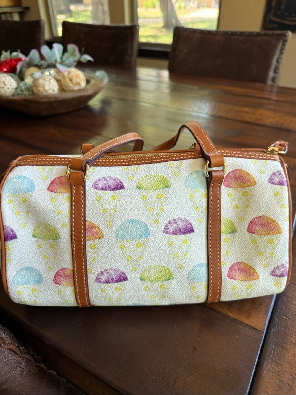 Dooney & Bourke Multicolor snow cone barrel bag- Cream with Brown Trim